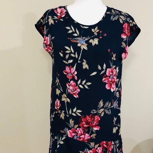 JOIE Silk Dress Navy Pink Floral Flounce Hem Flowy Size S - Picture 3 of 6
